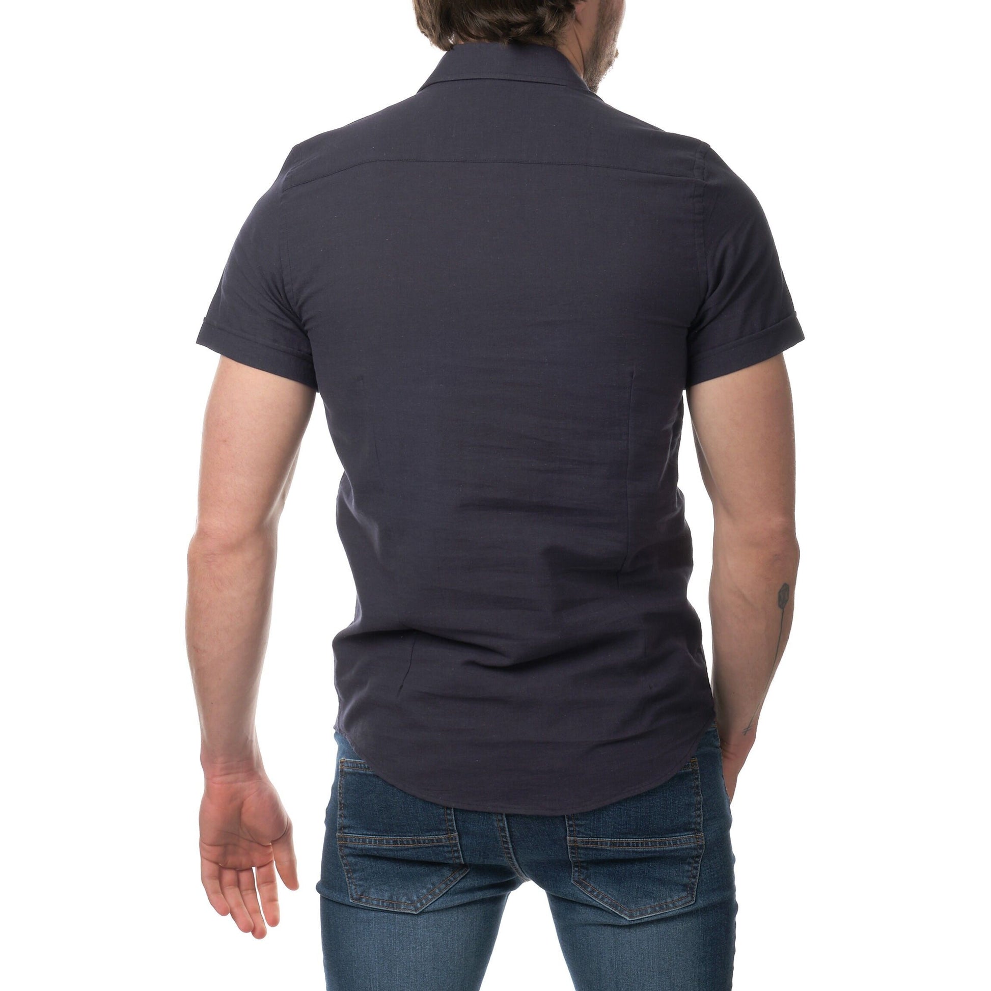 Camicia uomo in cotone e lino tinta unita blu navy scuro