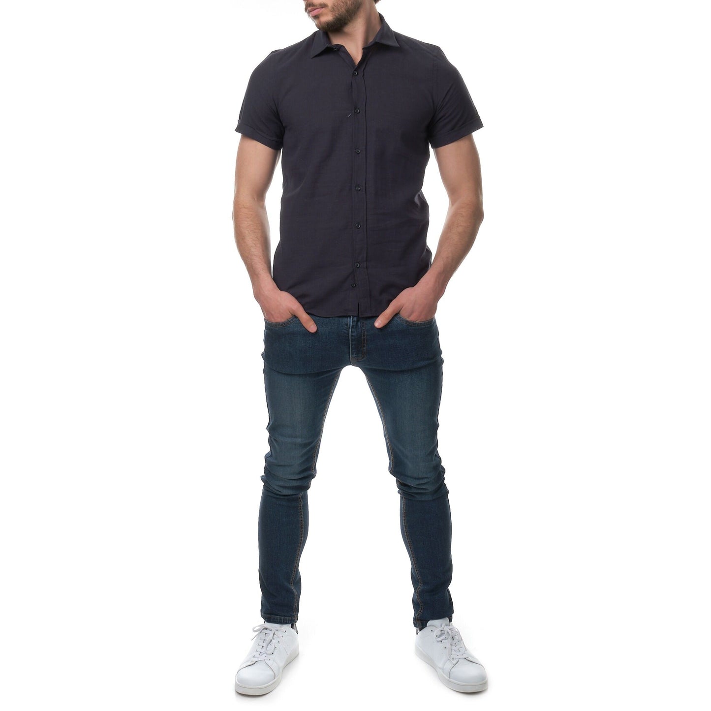Camicia uomo in cotone e lino tinta unita blu navy scuro