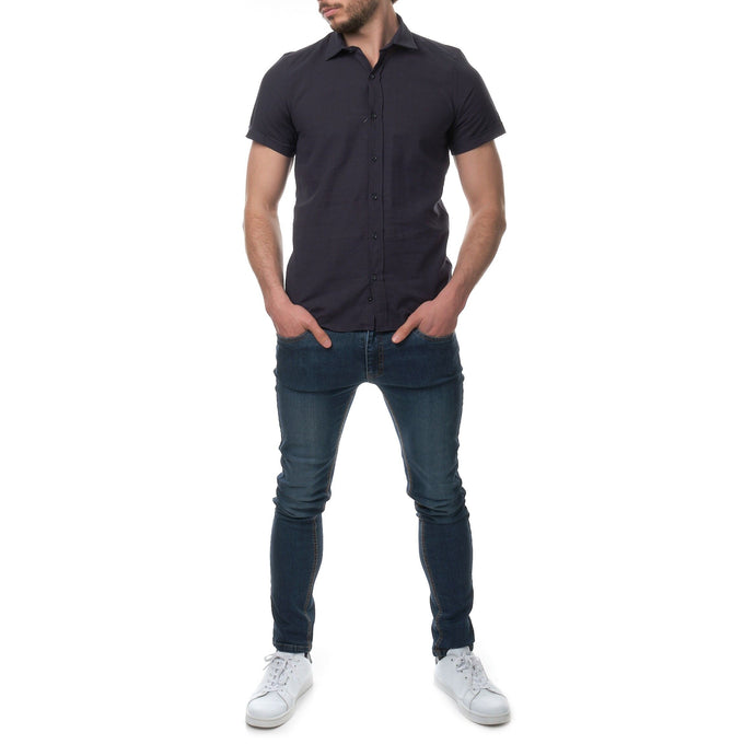 Camicia uomo in cotone e lino tinta unita blu navy scuro