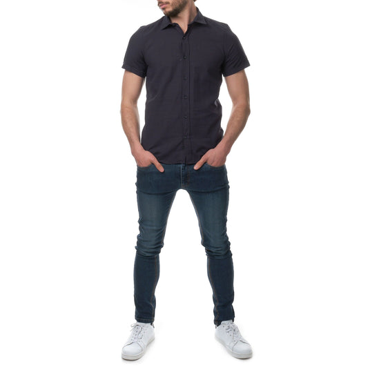 Camicia uomo in cotone e lino tinta unita blu navy scuro