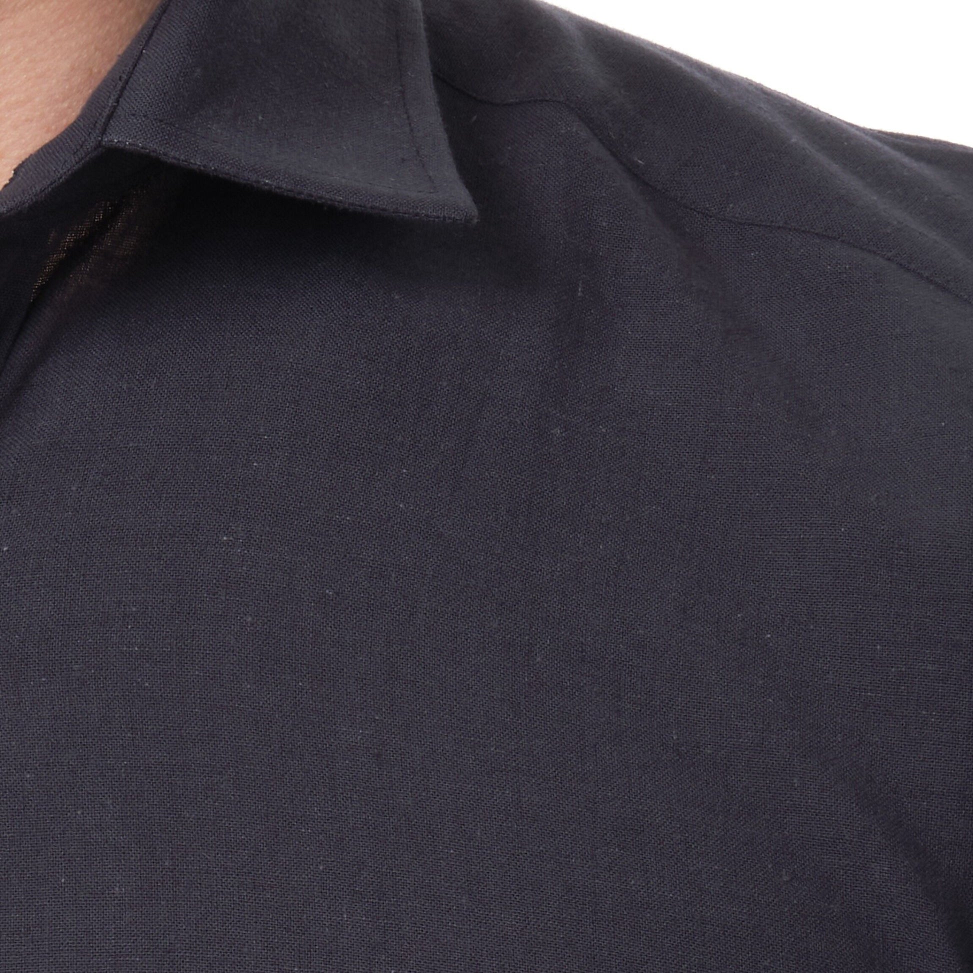 Camicia uomo in cotone e lino tinta unita blu navy scuro