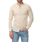 Camicia uomo in cotone e lino tinta unita con collo alla coreana