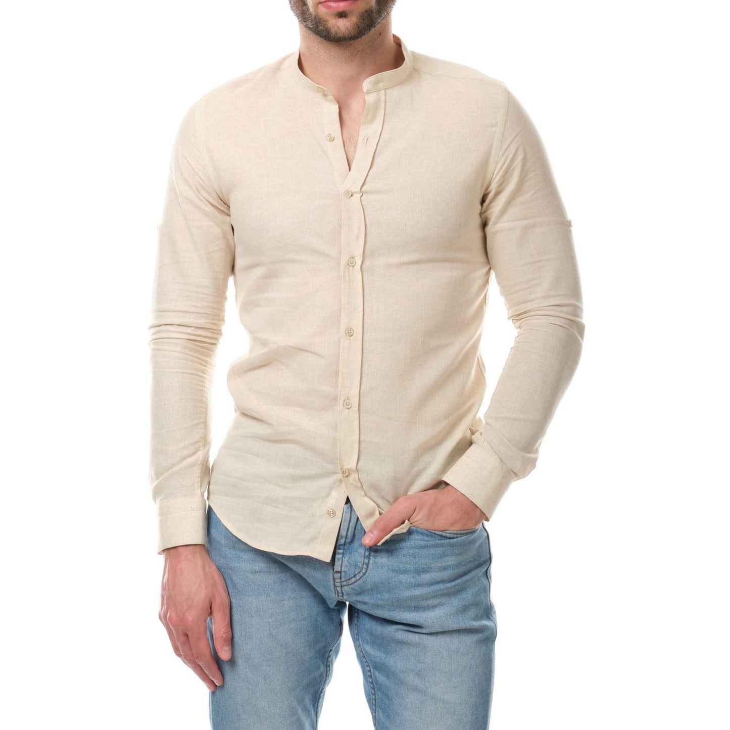 Camicia uomo in cotone e lino tinta unita con collo alla coreana