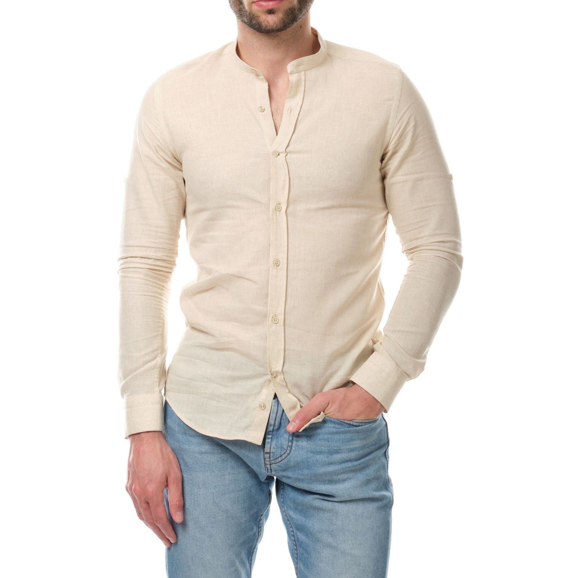 Camicia uomo in cotone e lino tinta unita con collo alla coreana