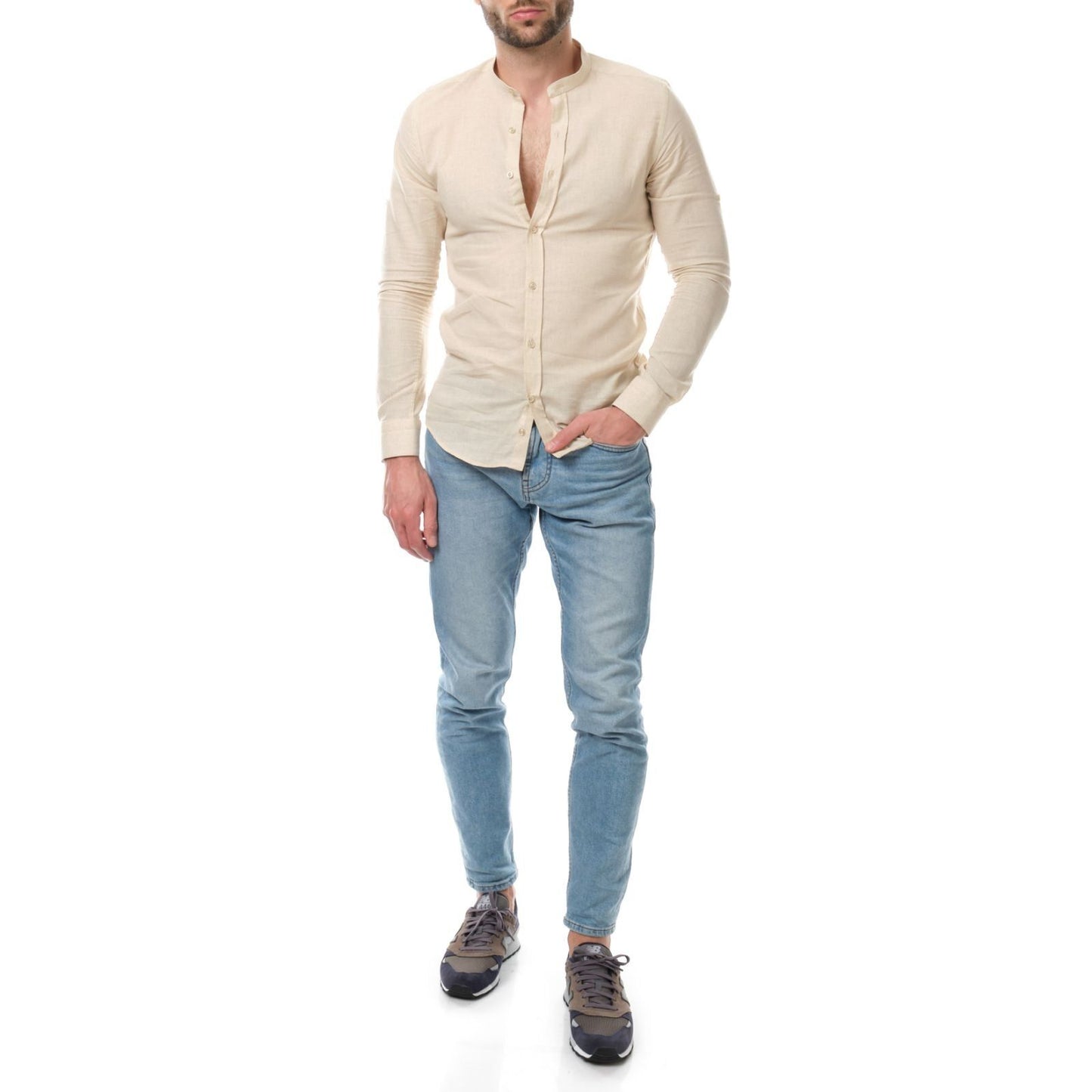Camicia uomo in cotone e lino tinta unita con collo alla coreana