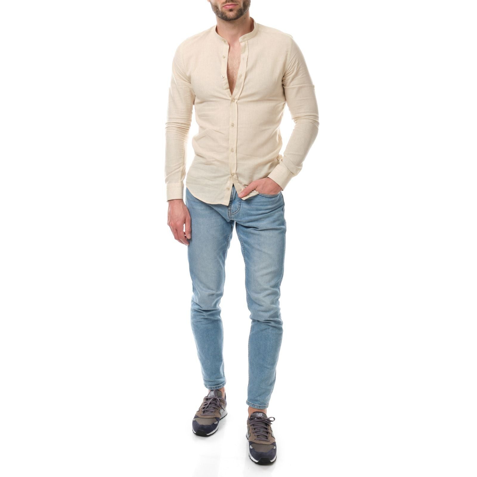 Camicia uomo in cotone e lino tinta unita con collo alla coreana