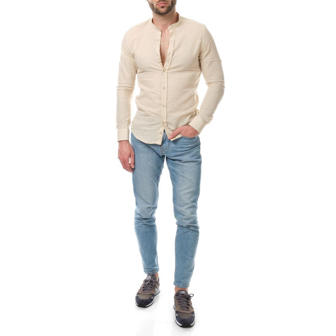 Camicia uomo in cotone e lino tinta unita con collo alla coreana