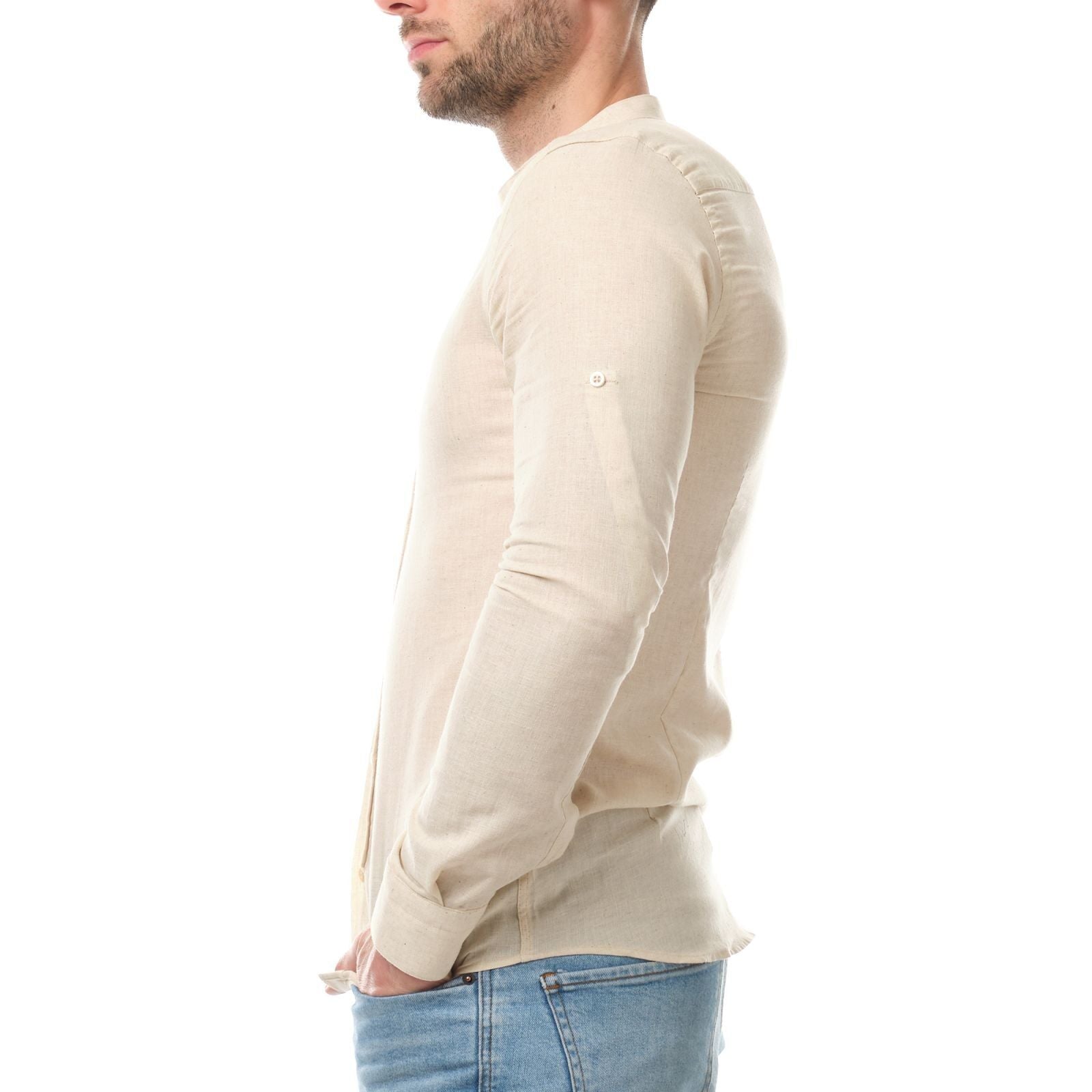 Camicia uomo in cotone e lino tinta unita con collo alla coreana