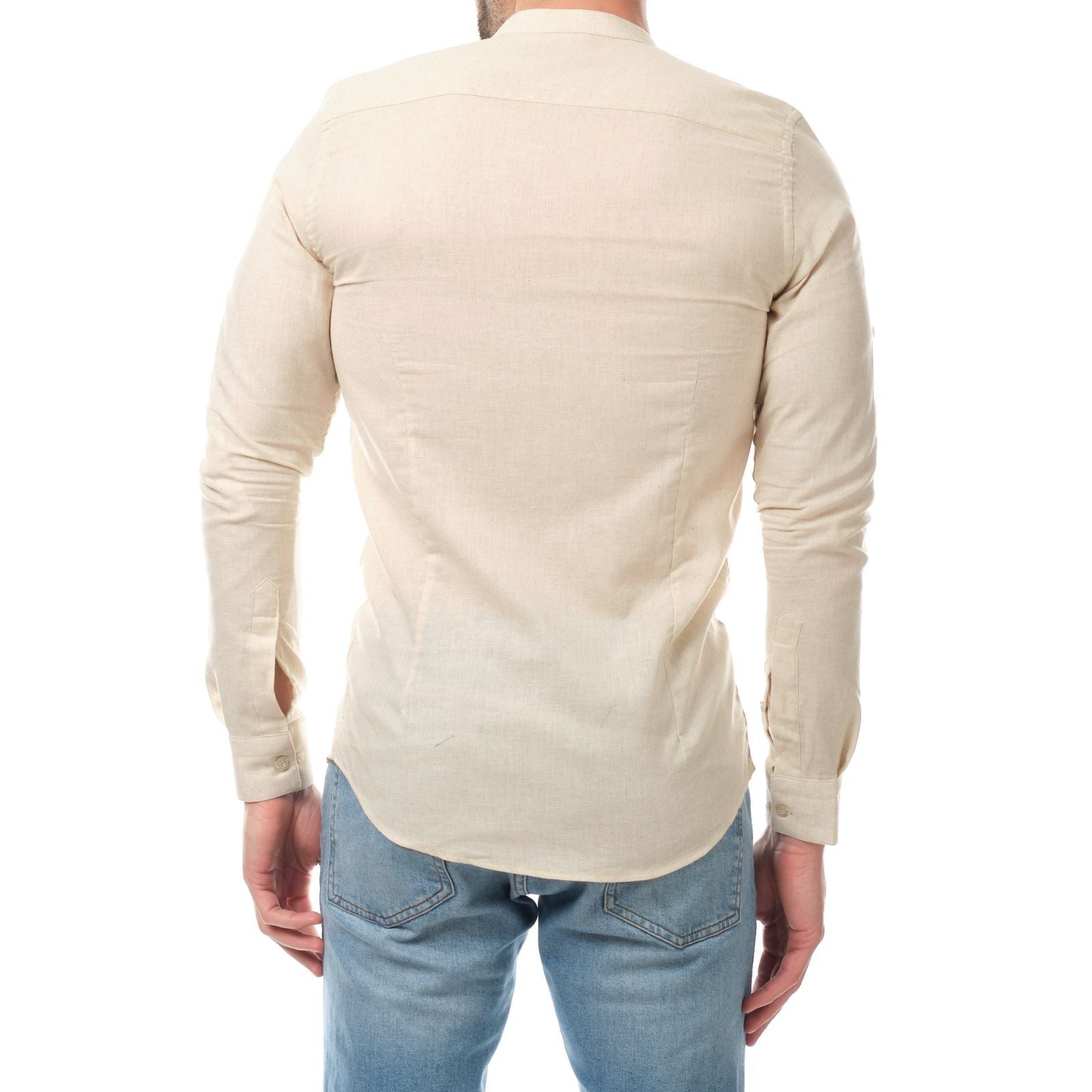 Camicia uomo in cotone e lino tinta unita con collo alla coreana