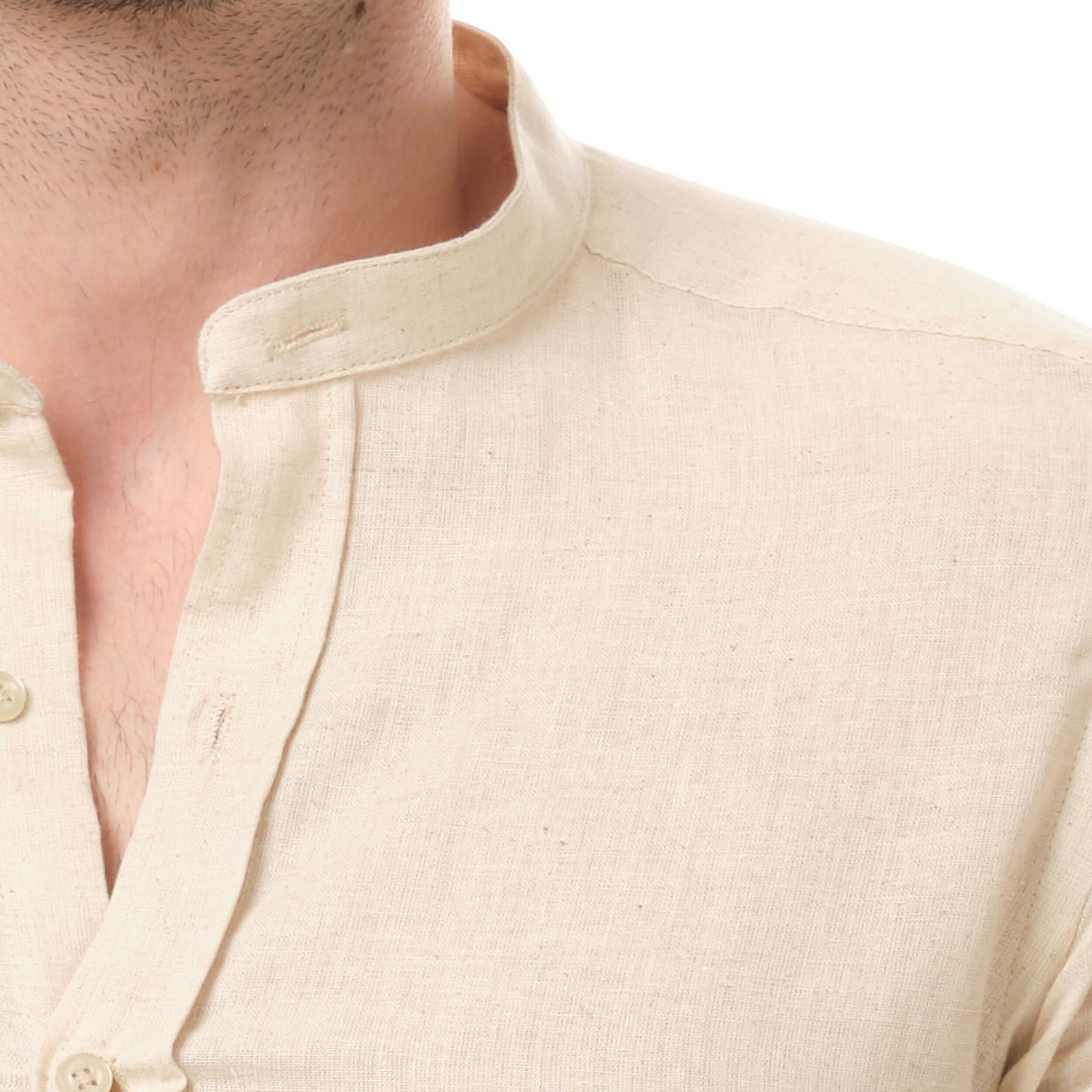 Camicia uomo in cotone e lino tinta unita con collo alla coreana