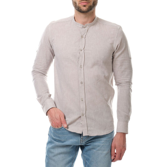 Camicia uomo in cotone e lino tinta unita marrone con collo alla coreana