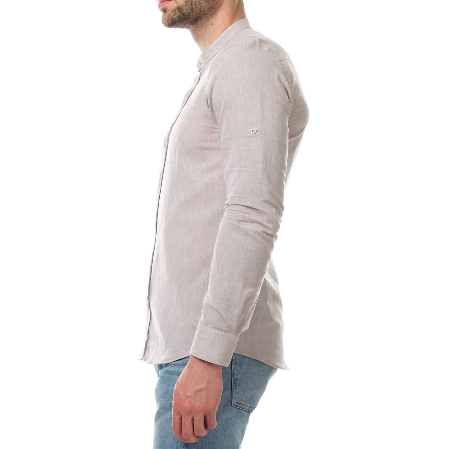 Camicia uomo in cotone e lino tinta unita marrone con collo alla coreana