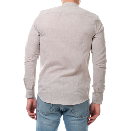 Camicia uomo in cotone e lino tinta unita marrone con collo alla coreana