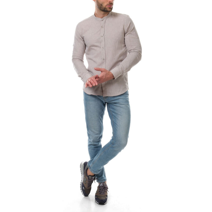 Camicia uomo in cotone e lino tinta unita marrone con collo alla coreana
