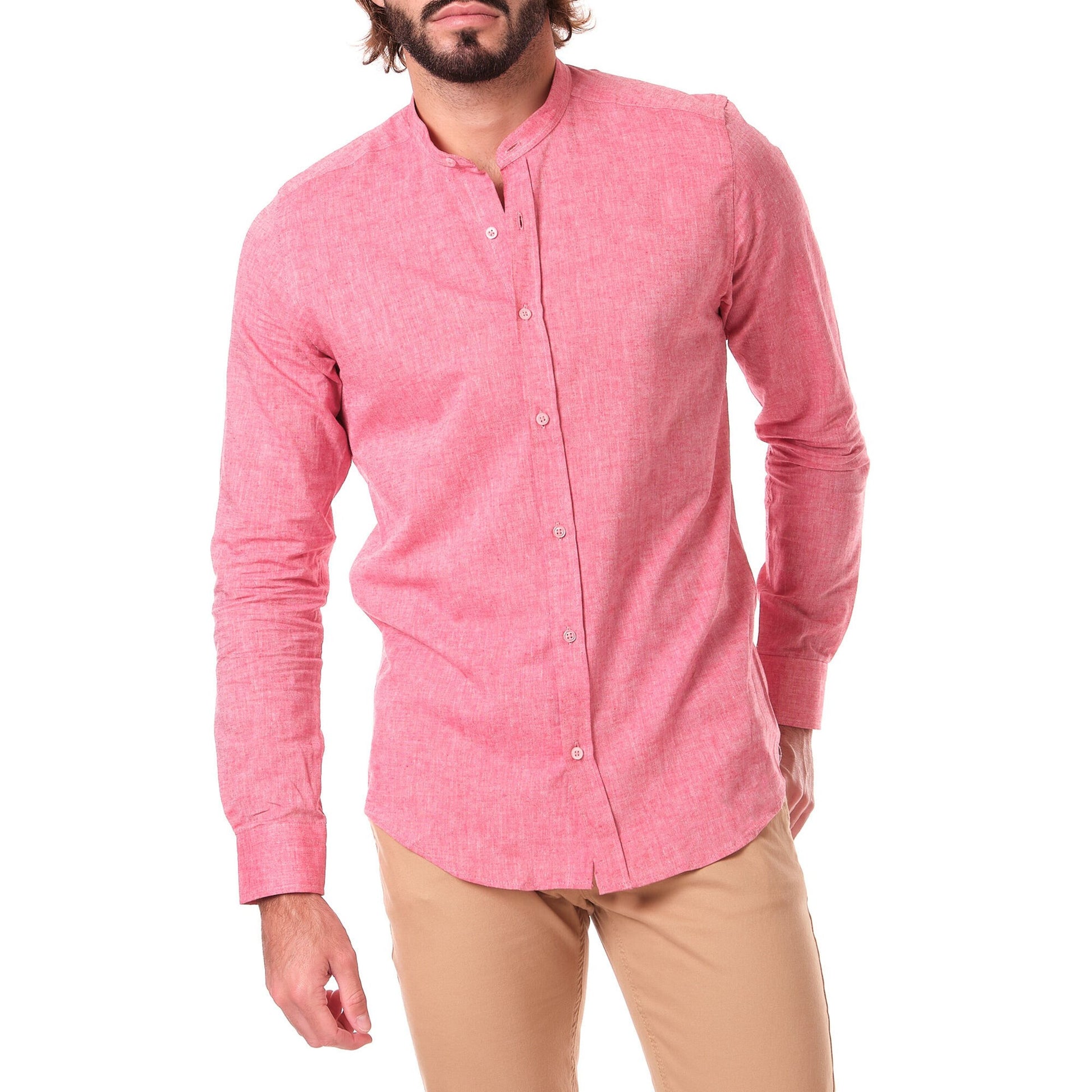 Camicia uomo in cotone e lino tinta unita rossa con collo alla coreana