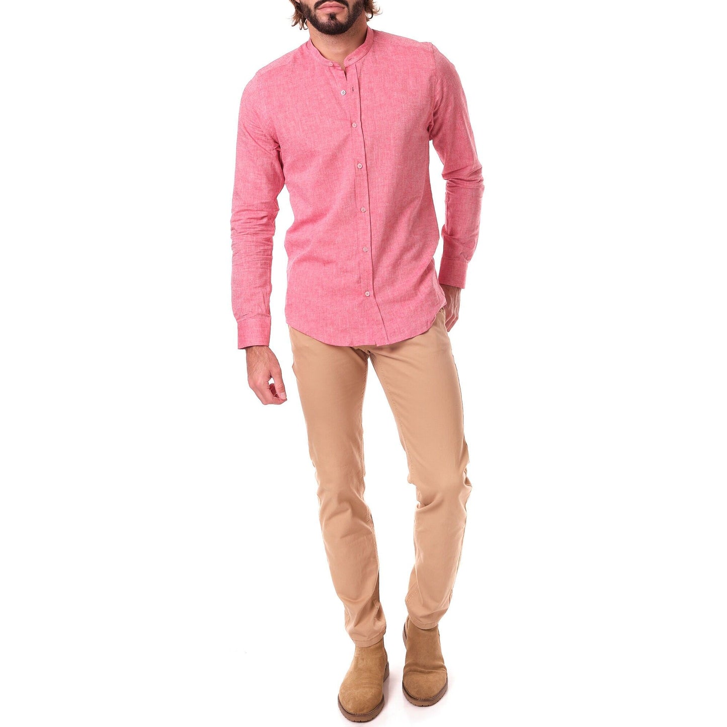 Camicia uomo in cotone e lino tinta unita rossa con collo alla coreana