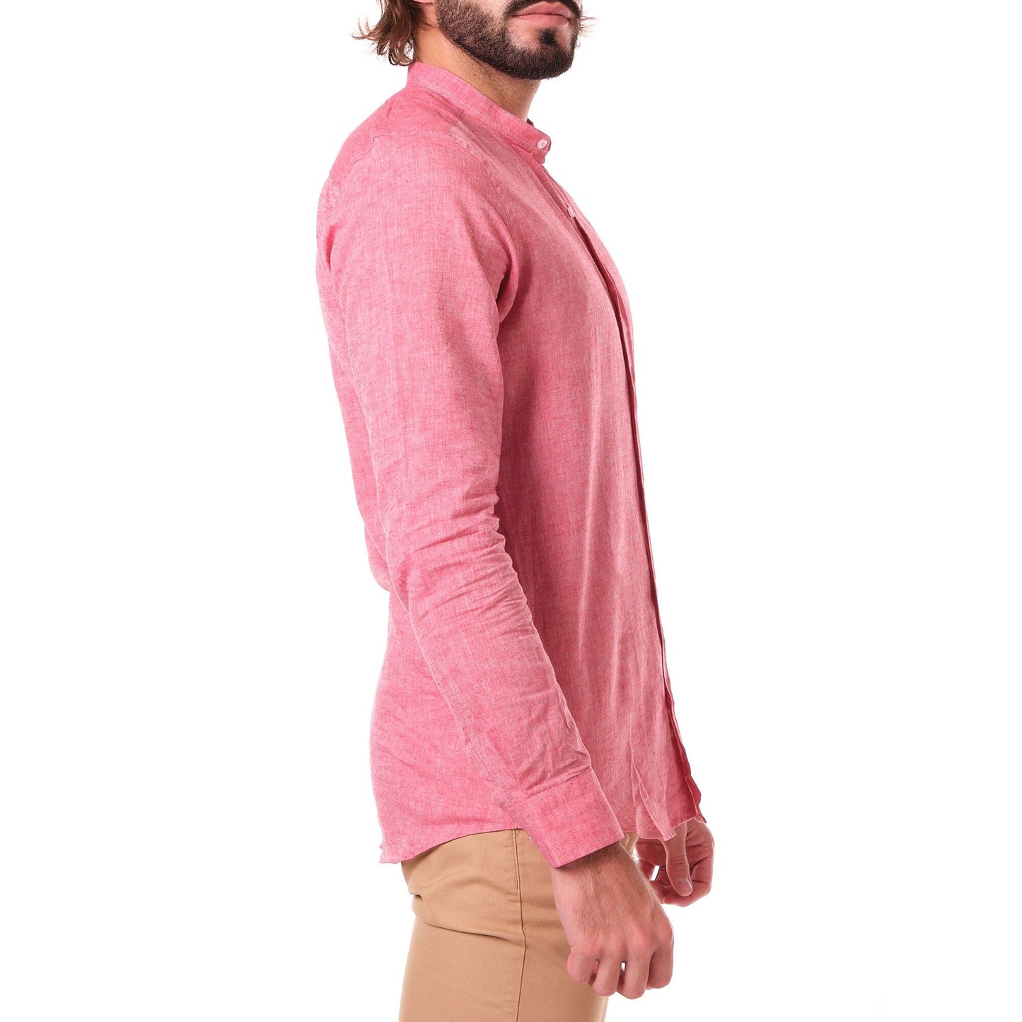 Camicia uomo in cotone e lino tinta unita rossa con collo alla coreana