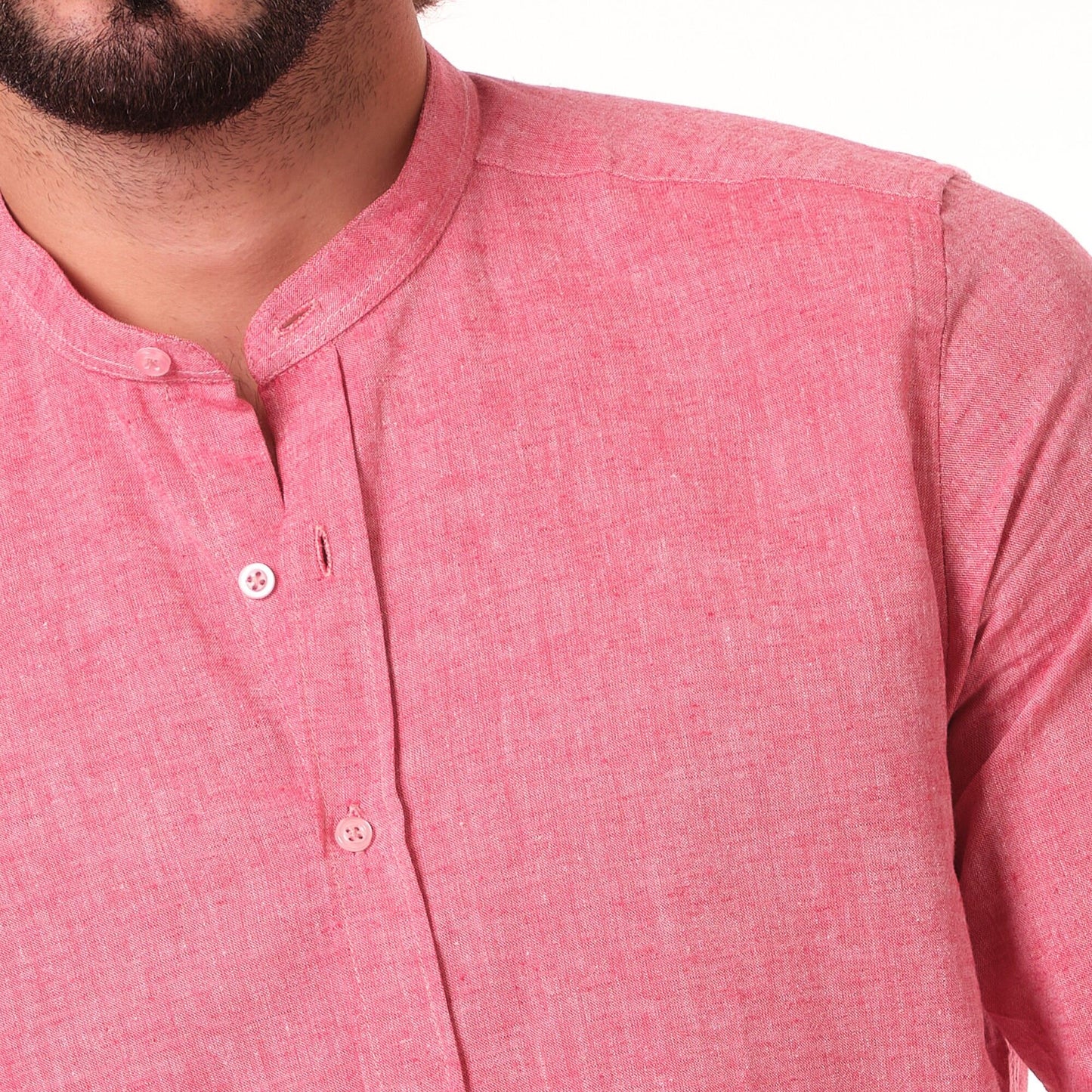 Camicia uomo in cotone e lino tinta unita rossa con collo alla coreana