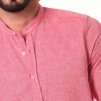 Camicia uomo in cotone e lino tinta unita rossa con collo alla coreana