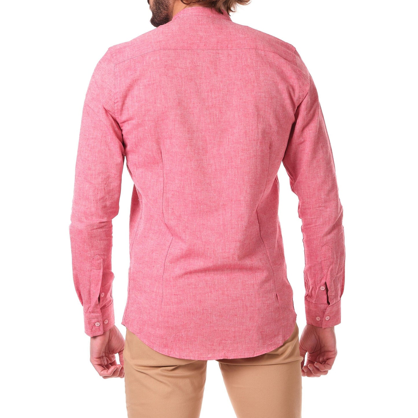 Camicia uomo in cotone e lino tinta unita rossa con collo alla coreana