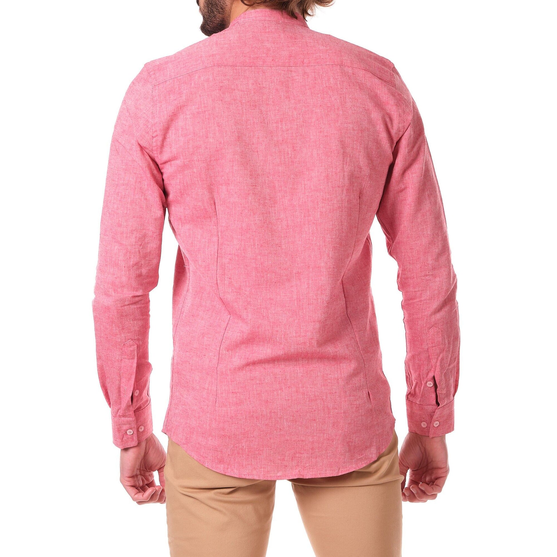 Camicia uomo in cotone e lino tinta unita rossa con collo alla coreana