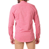 Camicia uomo in cotone e lino tinta unita rossa con collo alla coreana