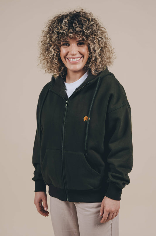 Felpa oversize con cappuccio e zip in cotone biologico verde scarabeo da donna