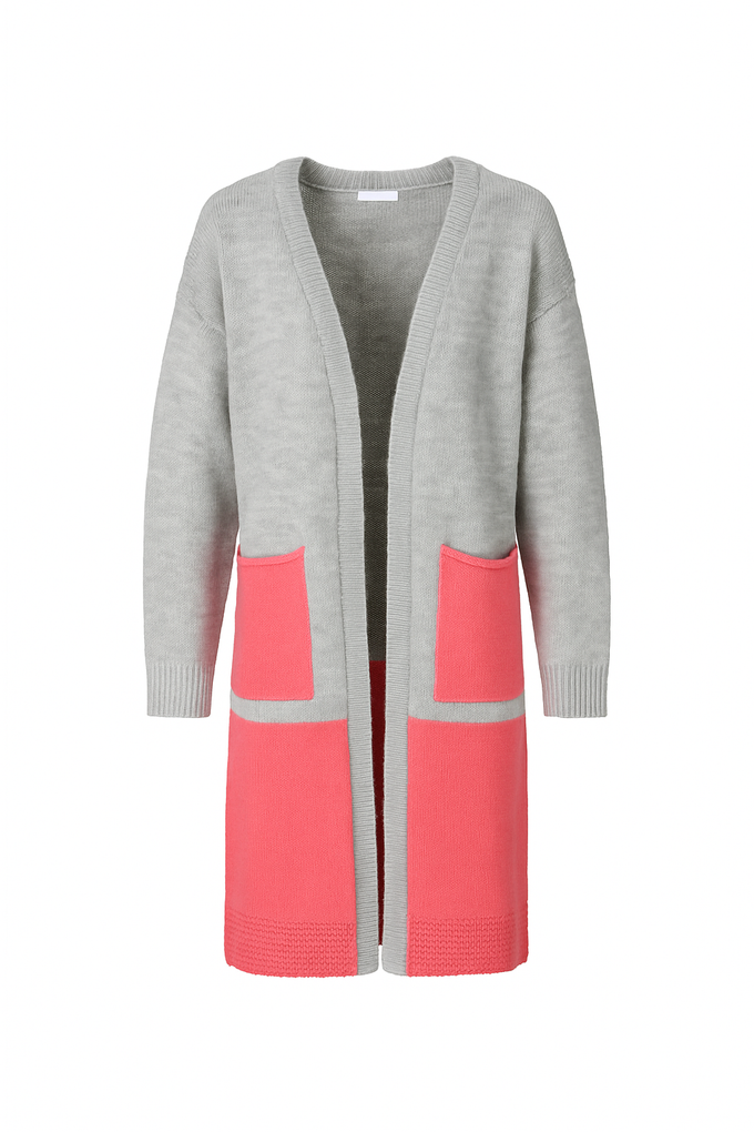 Cardigan lungo in maglia bicolore con tasche