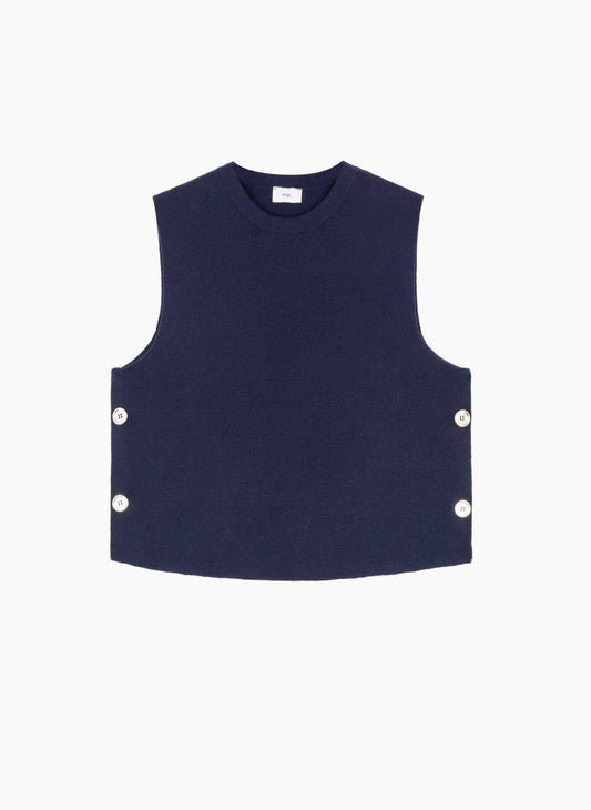 Top in maglia blu navy con bottoni dorati