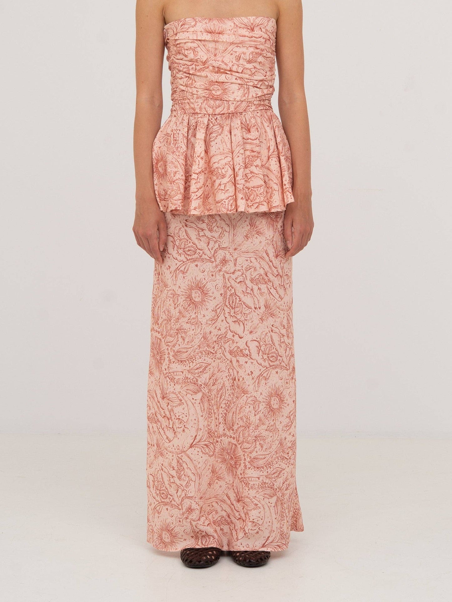 Gonna lunga rosa con stampa sistema solare Sophia