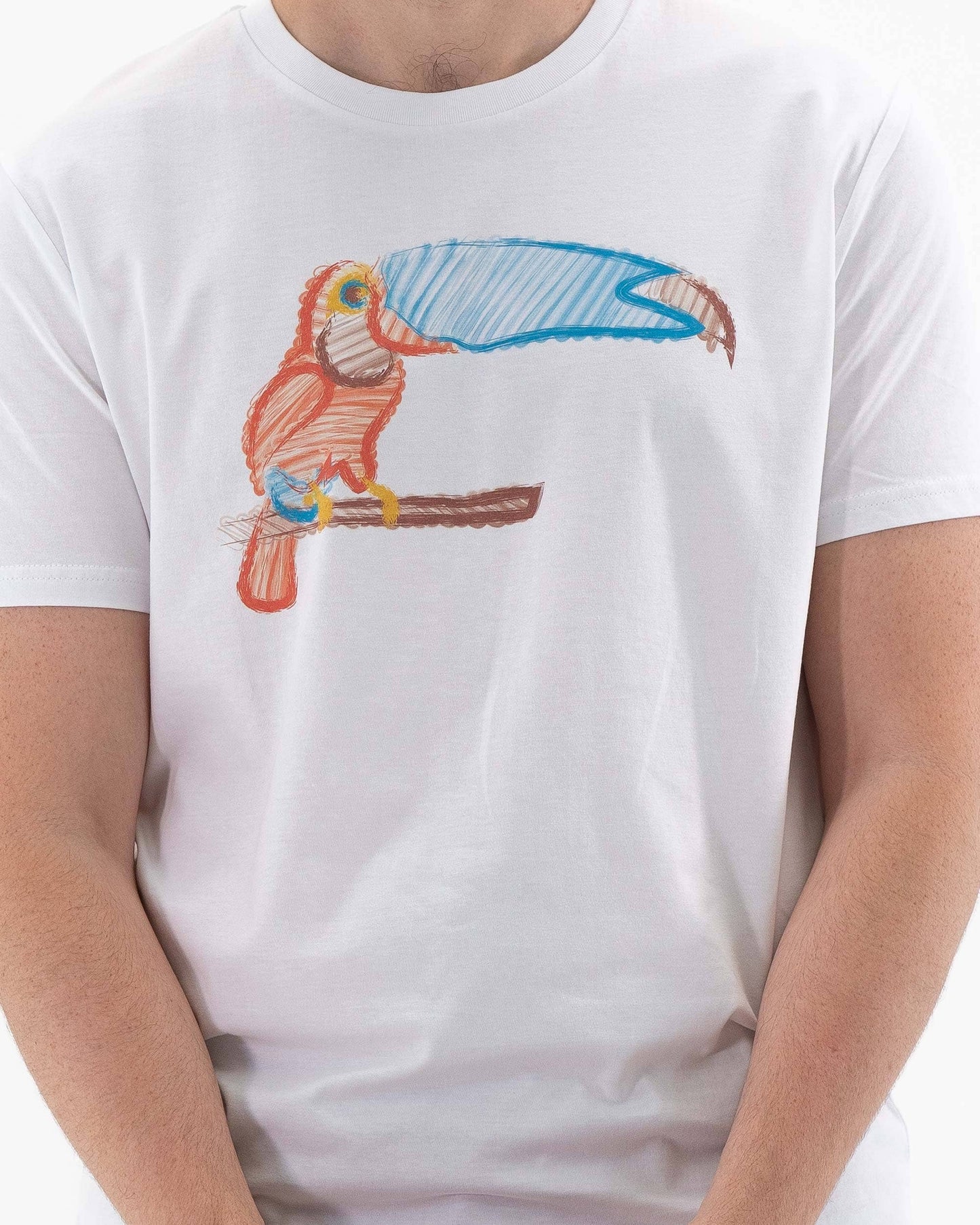 T-shirt unisex bianca con stampa tucano