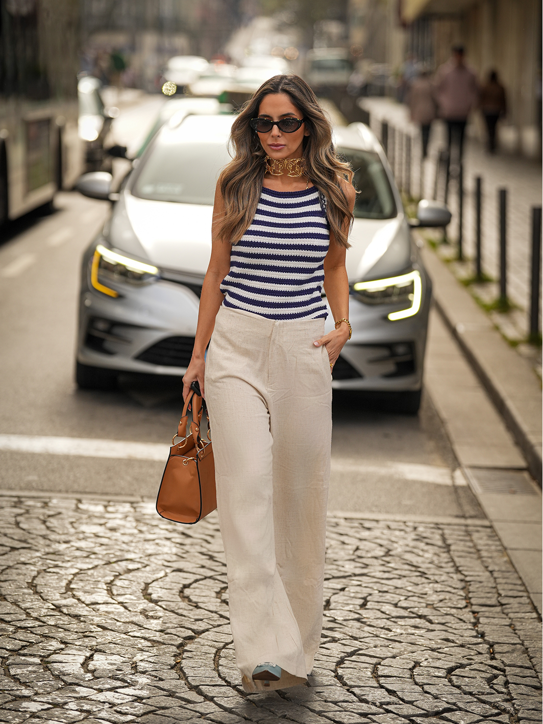 Pantaloni in lino a righe da donna