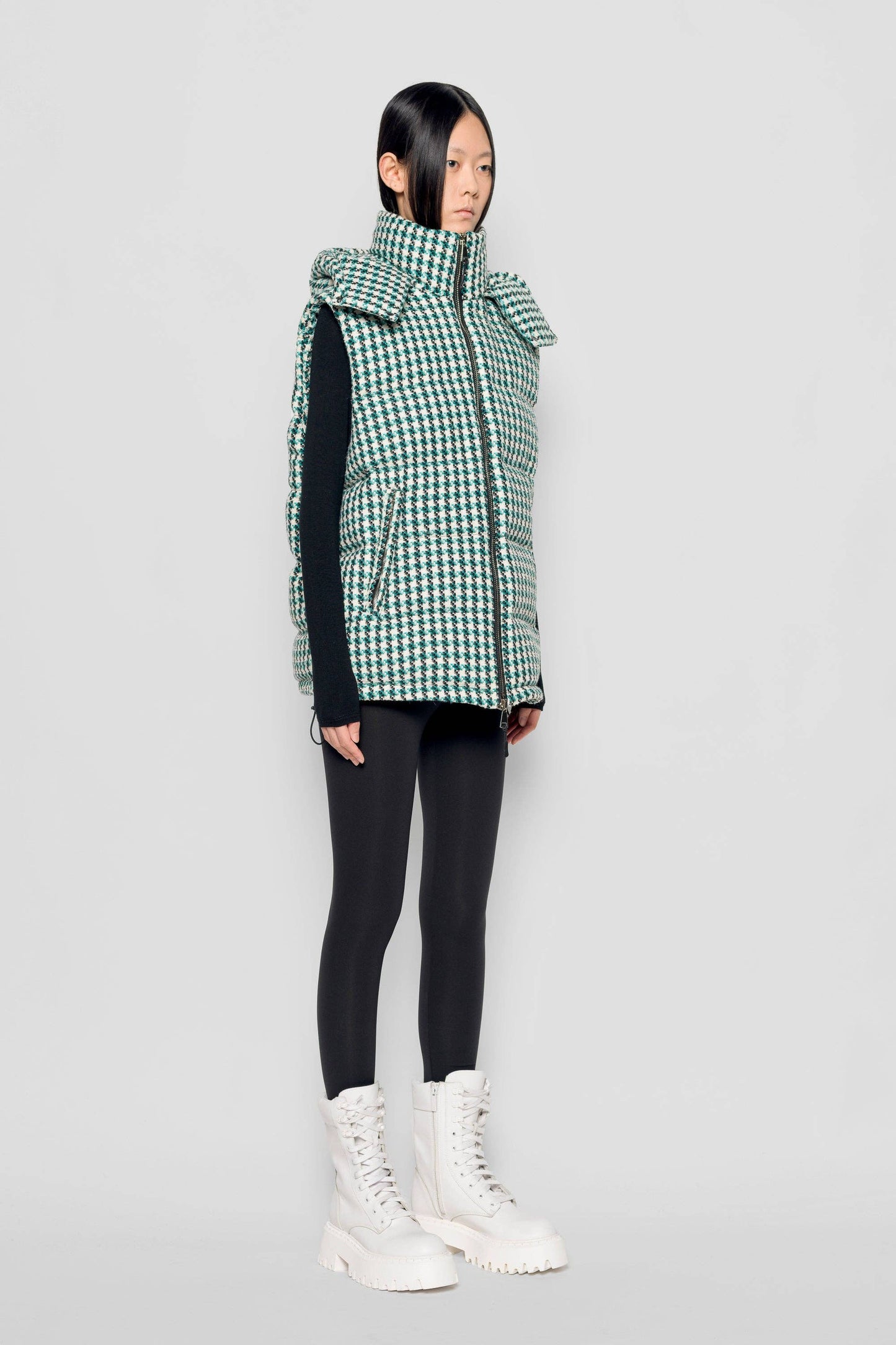 Gilet imbottito tweed con cappuccio rimovibile