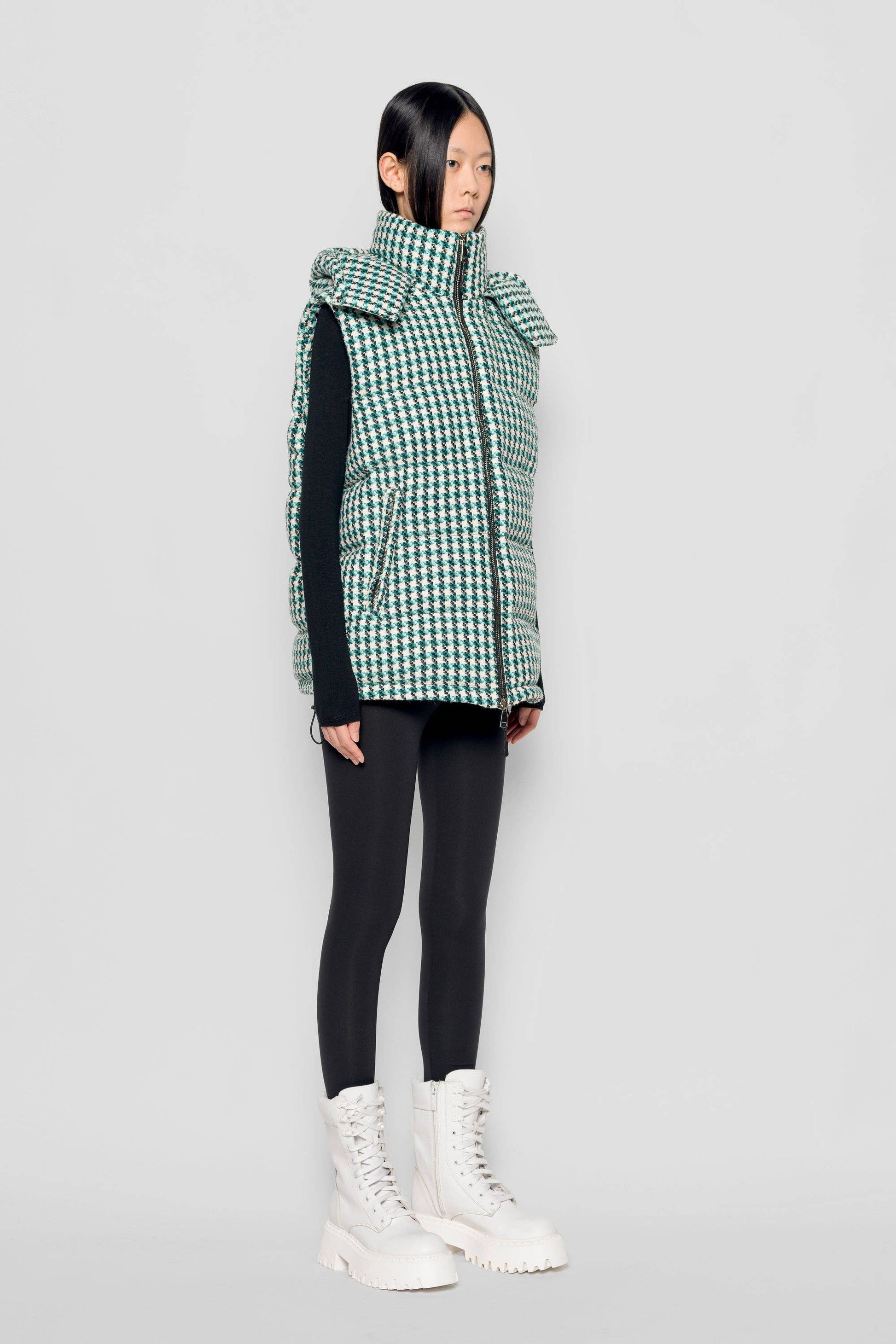 Gilet imbottito tweed con cappuccio rimovibile