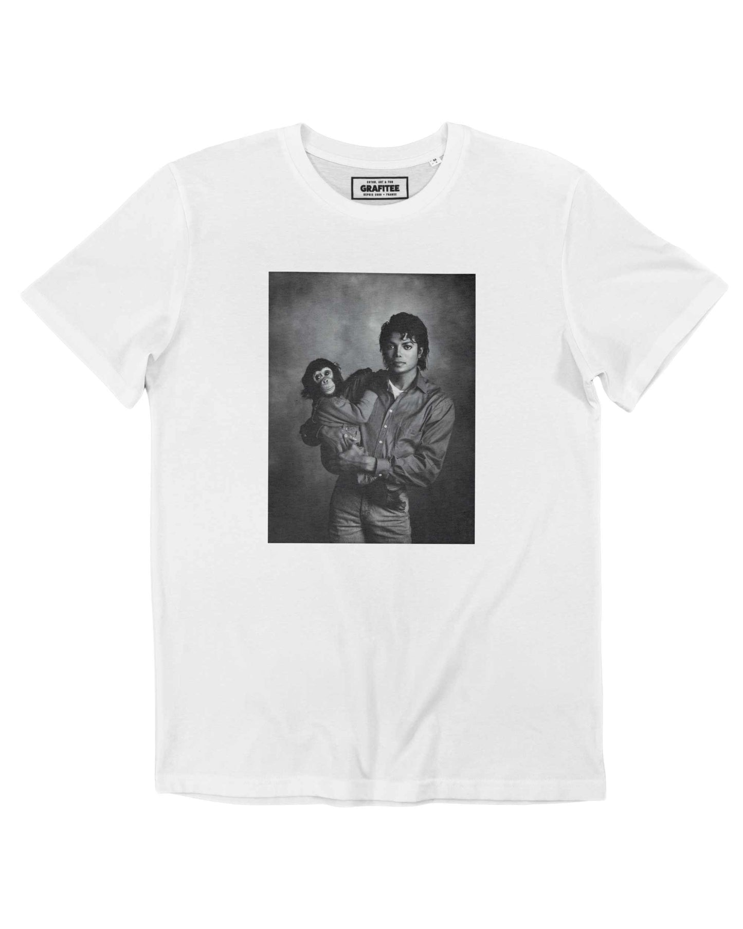 T-shirt unisex bianca in cotone biologico con stampa fotografica scimmia