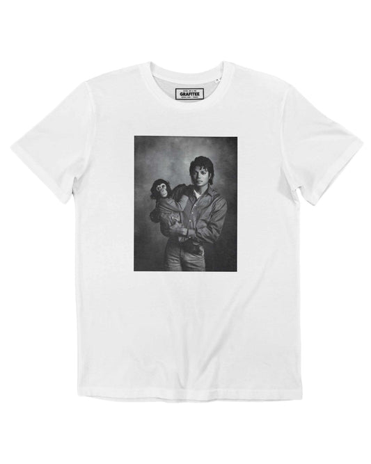 T-shirt unisex bianca in cotone biologico con stampa fotografica scimmia