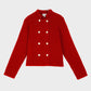 Cardigan in maglia rossa con bottoni dorati e collo alto