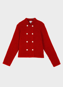 Cardigan in maglia rossa con bottoni dorati e collo alto