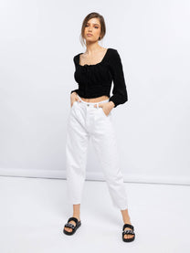 Blusa corta in rayon con maniche a sbuffo
