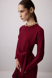 Abito midi bordeaux con nodo frontale in misto viscosa