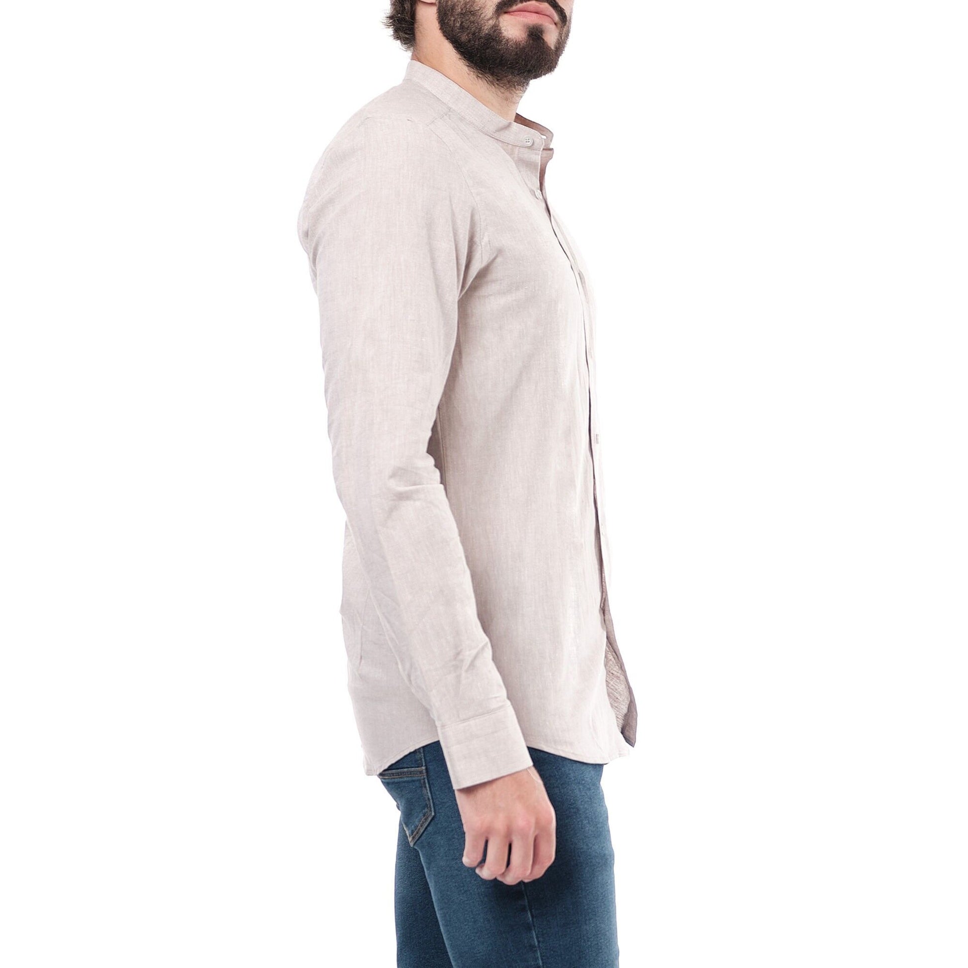 Camicia uomo in misto cotone e lino tinta unita con collo alla coreana