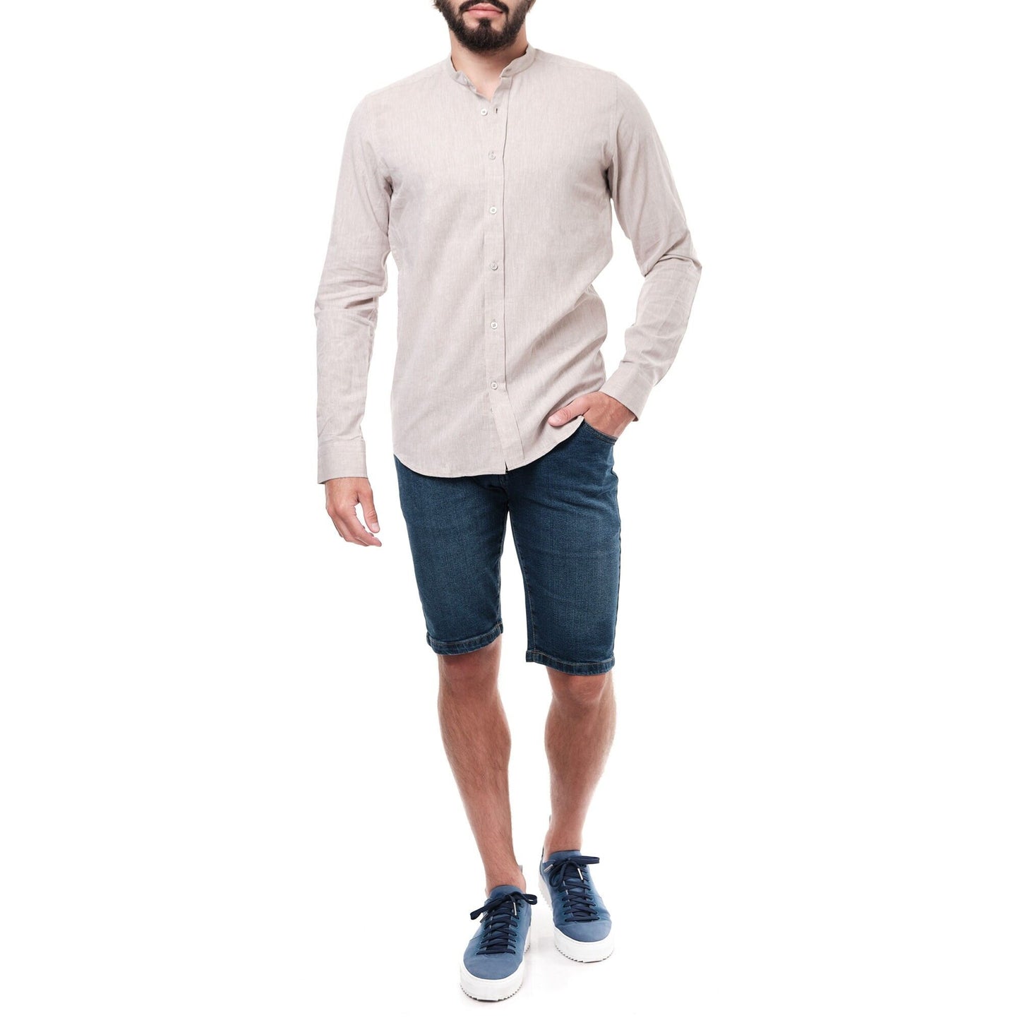 Camicia uomo in misto cotone e lino tinta unita con collo alla coreana