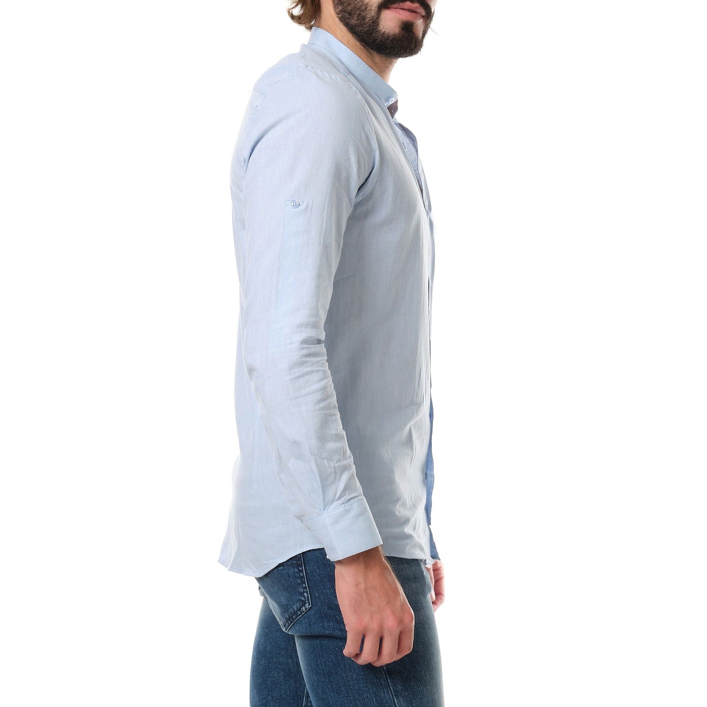 Camicia uomo in cotone e lino tinta unita con colletto coreano