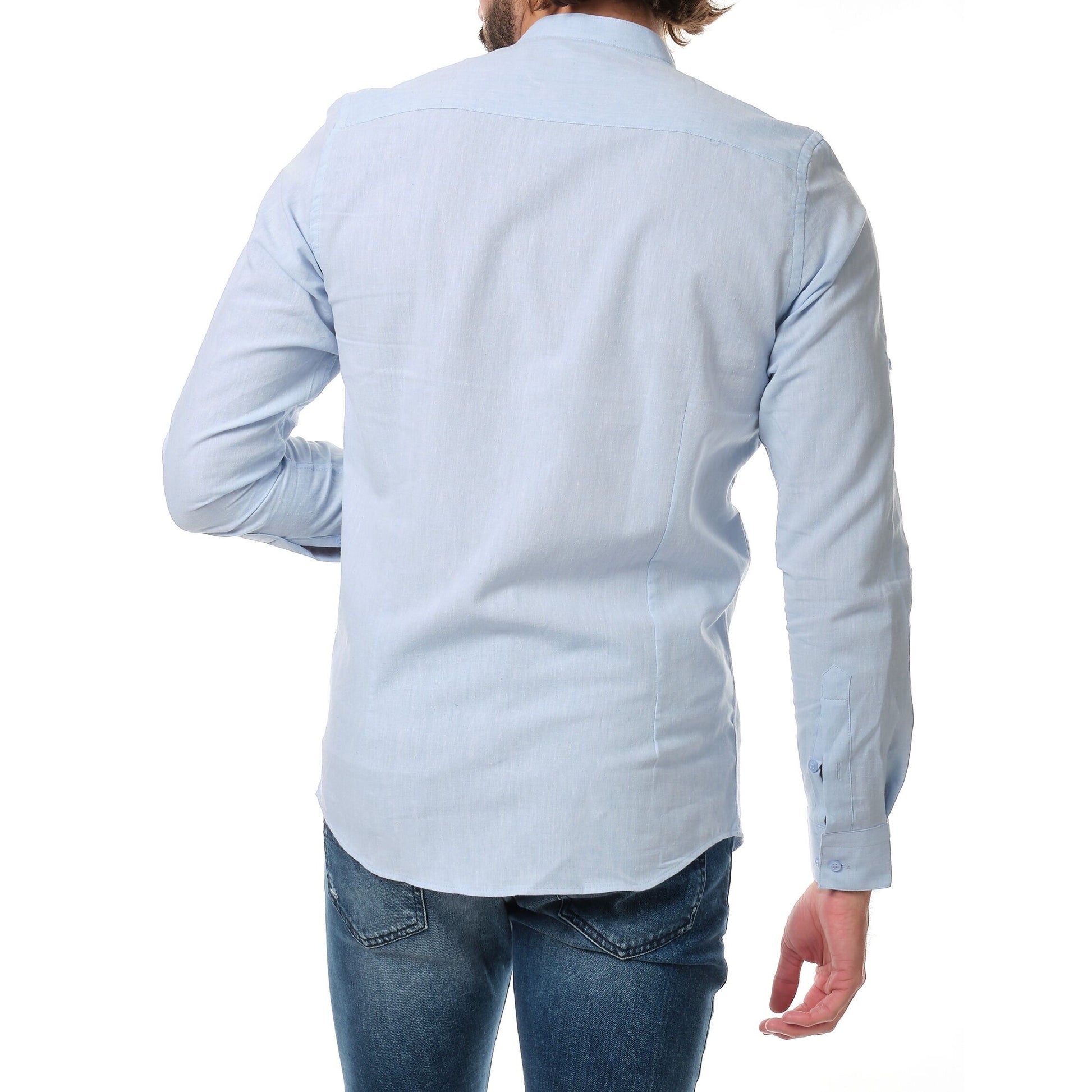 Camicia uomo in cotone e lino tinta unita con colletto coreano