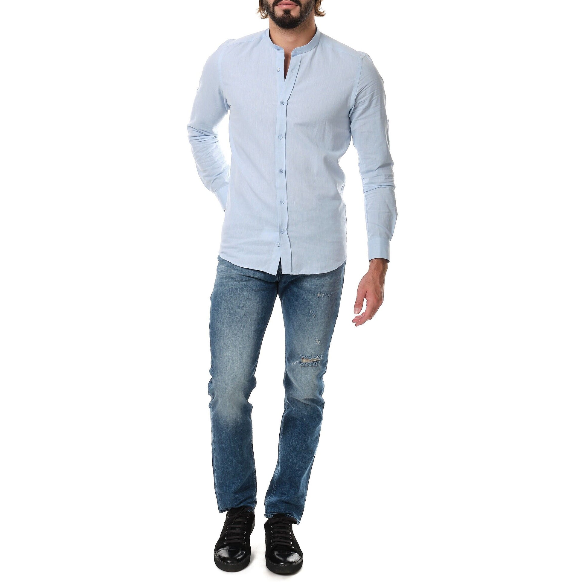 Camicia uomo in cotone e lino tinta unita con colletto coreano