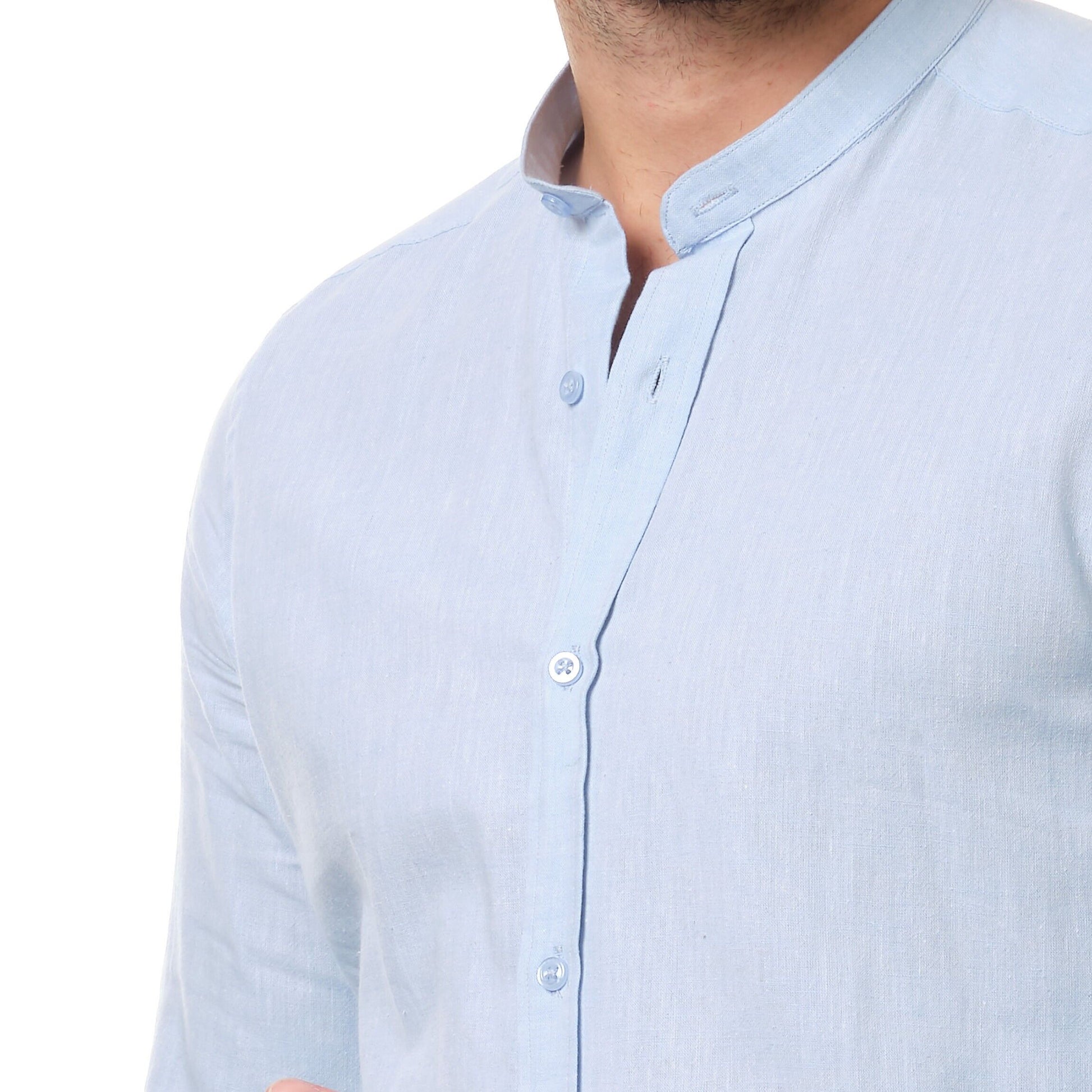Camicia uomo in cotone e lino con collo alla coreana, blu