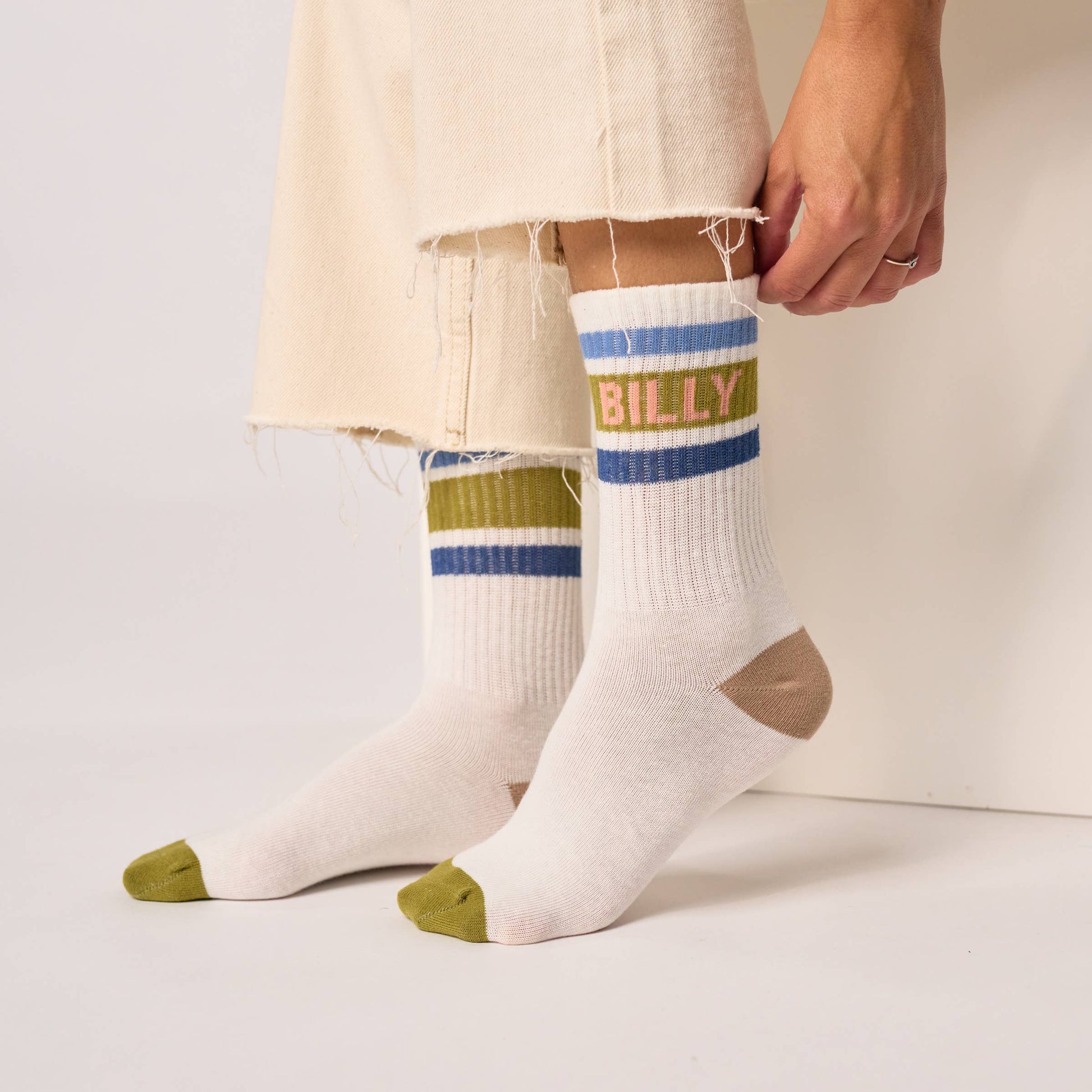 Calzini da tennis bianchi a righe kaki e blu