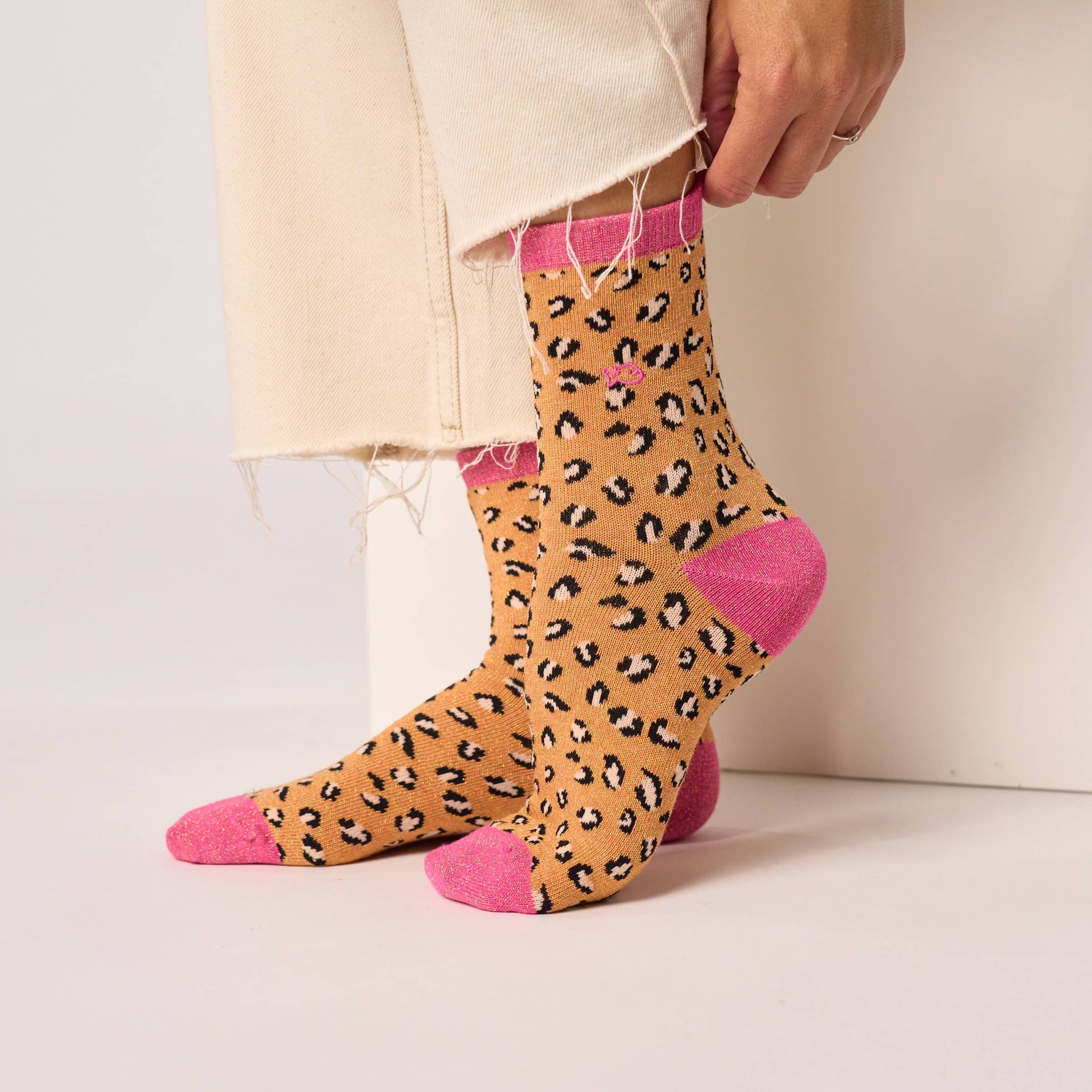 Calzini glitterati leopardati in cotone pettinato arancione