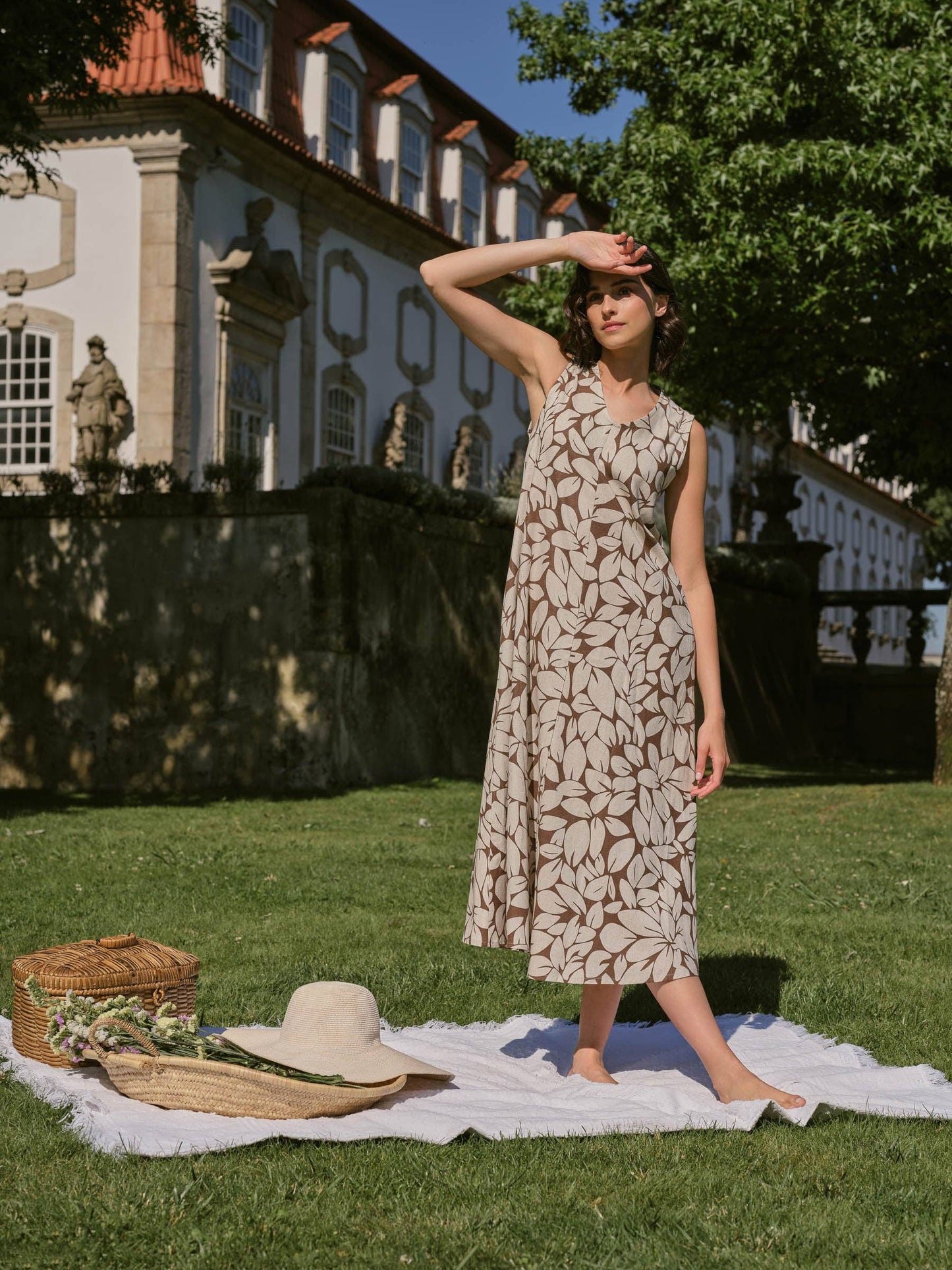 Abito midi in lino stampato