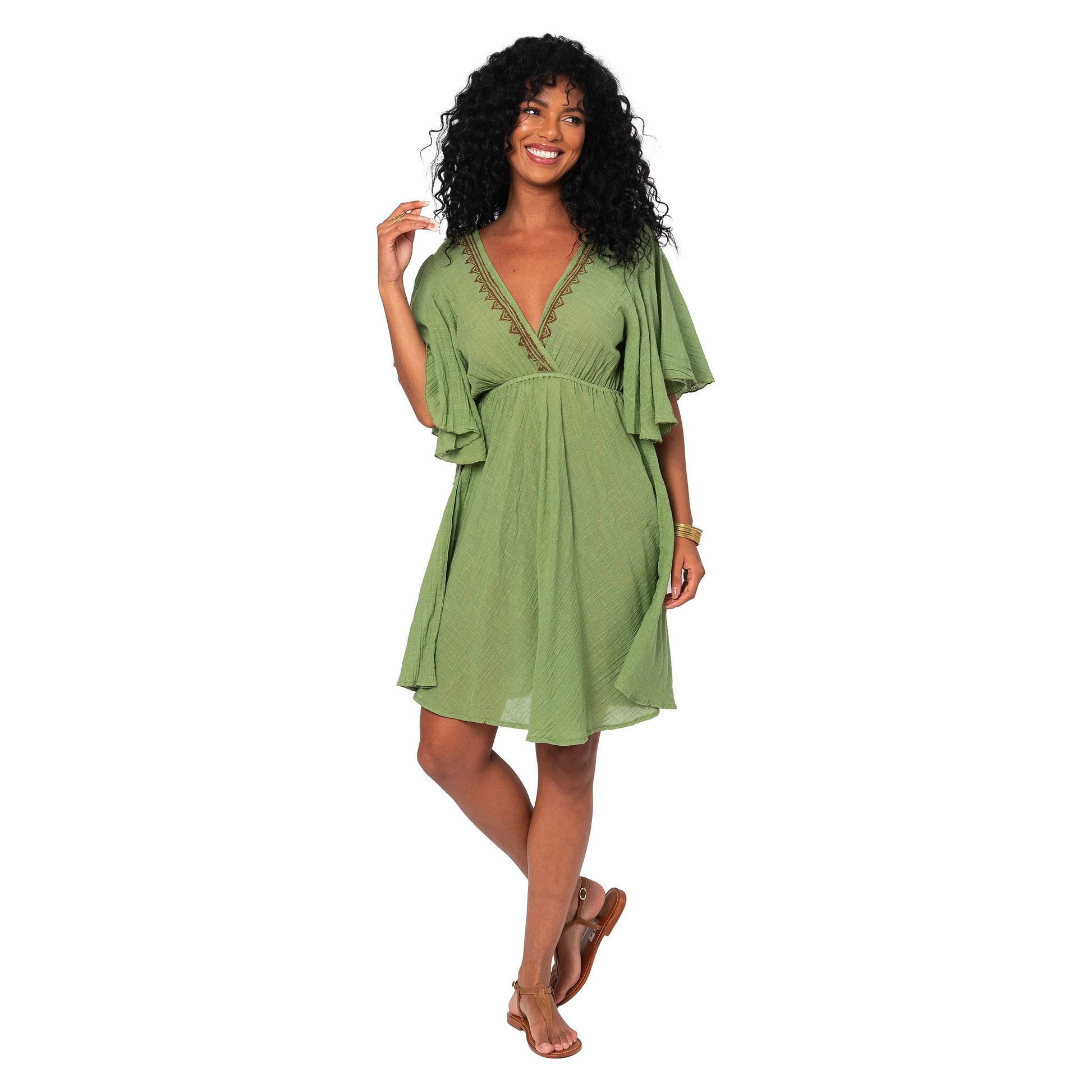 Vestito estivo boho in cotone con scollo a V e maniche a campana